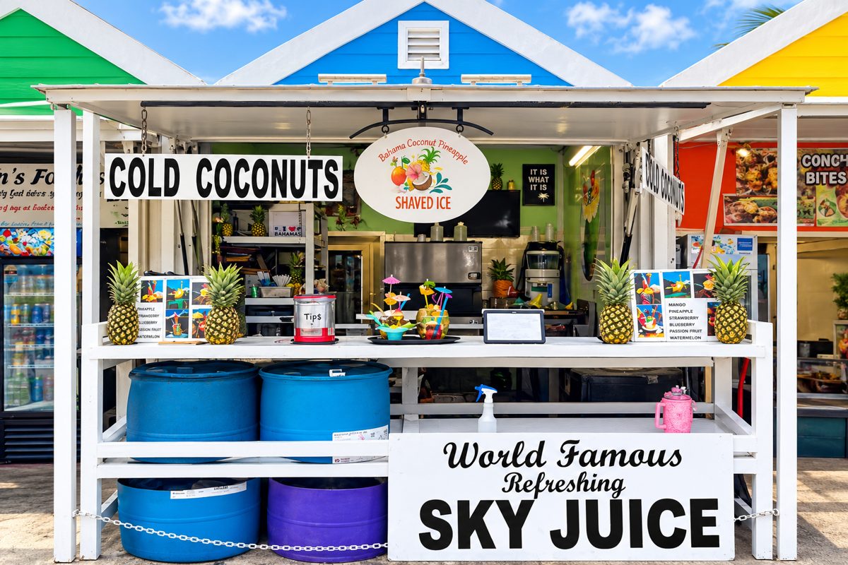 Bahama Coconut Pineapple Shaved Ice stand inside Nassau Cruise Port